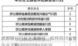 成都银行行长王涛辞任，拟任四川省管企业正职